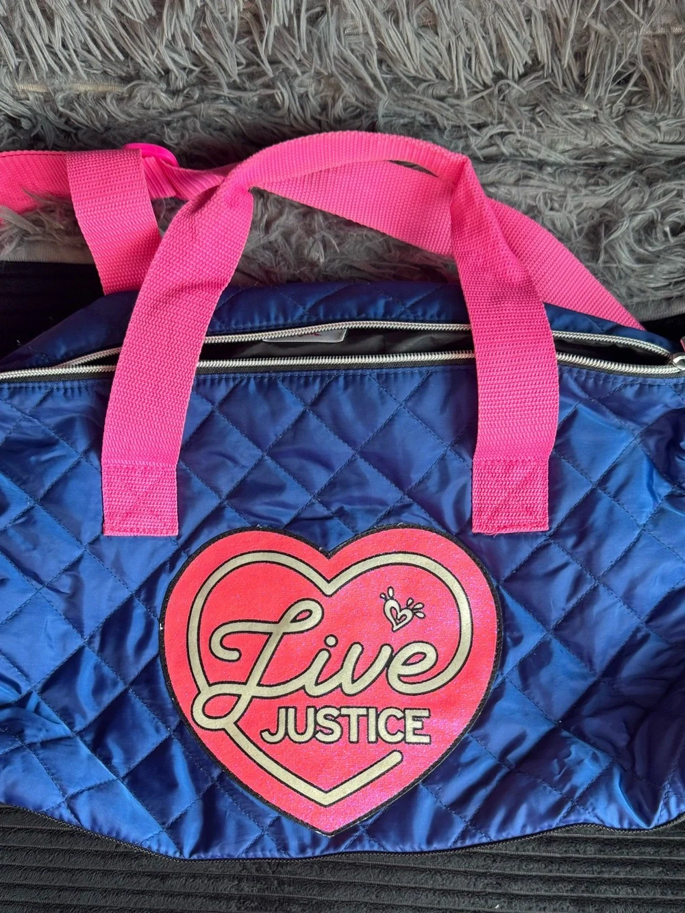 Justice Quilted Navy Duffel with Hot Pink Accents